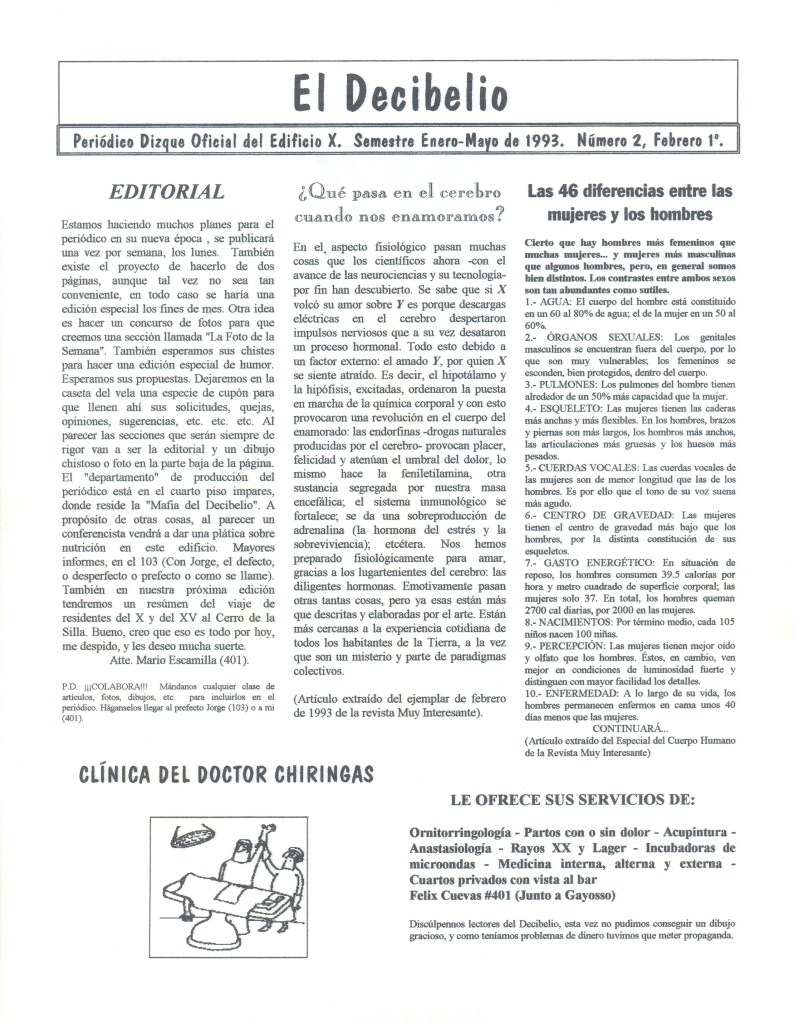 El Decibelio #2, periódico estudiantil del 1º de febrero de 1993