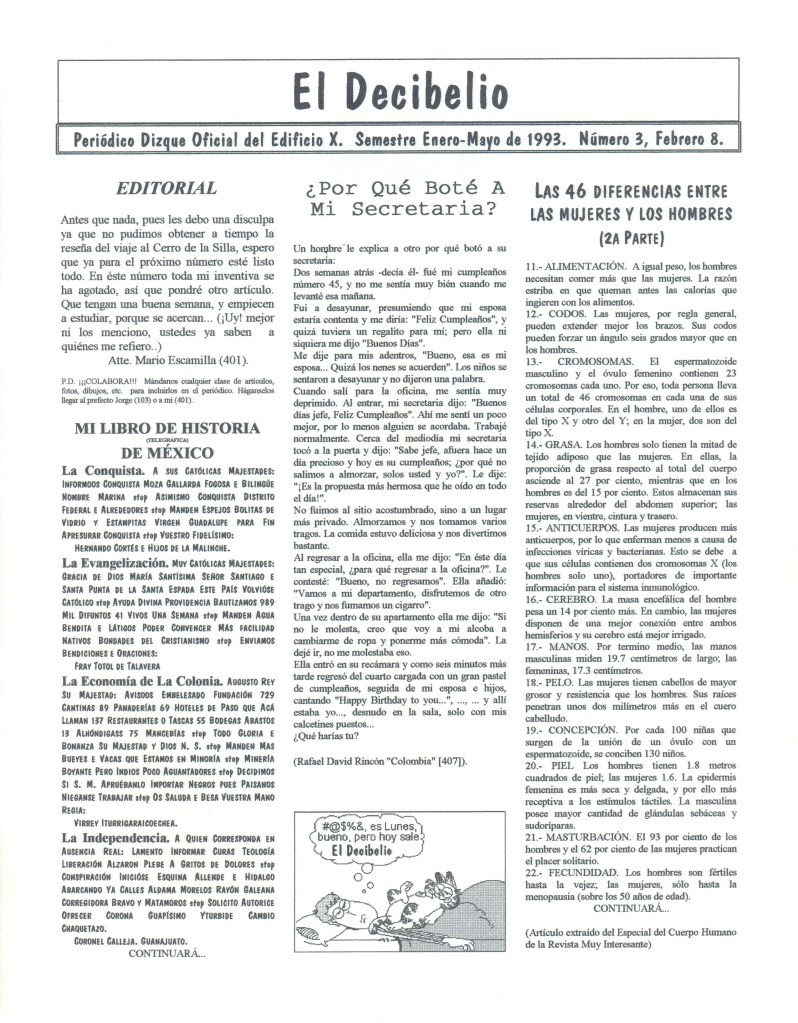 "El Decibelio #3", periódico estudiantil del 8 de febrero de 1993.
