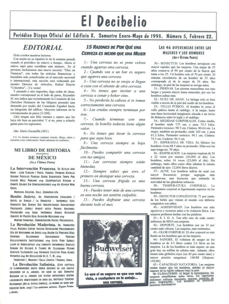 "El Decibelio #5", periódico estudiantil del 22 de febrero de 1993