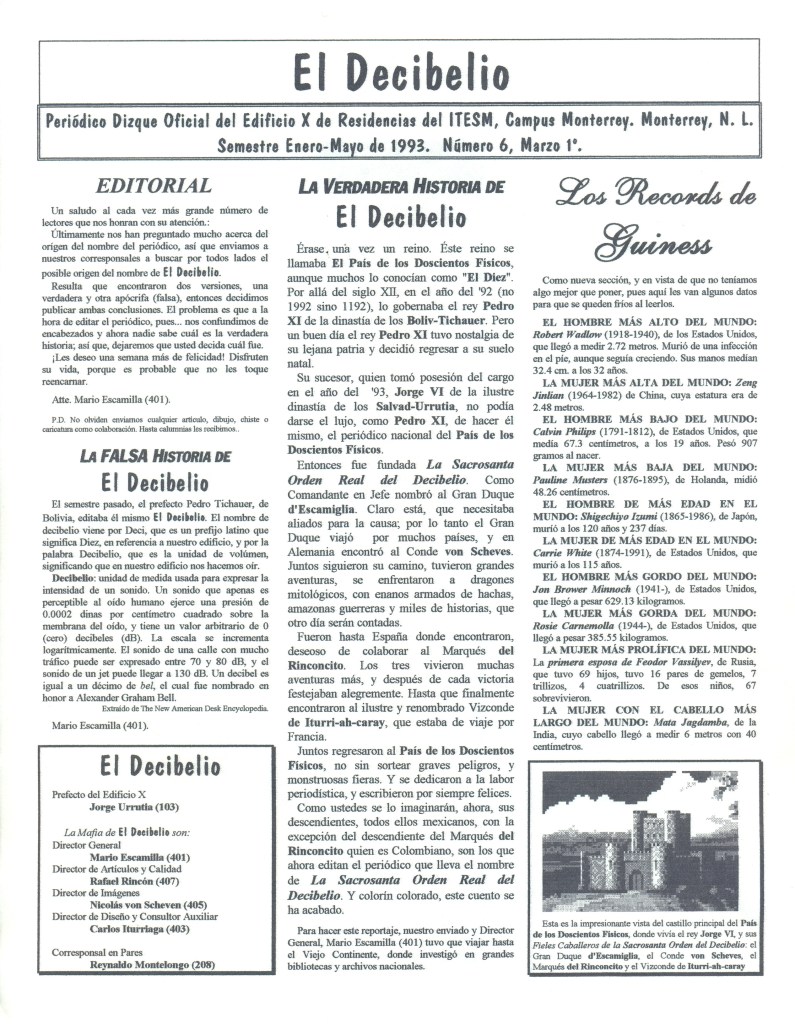 "El Decibelio #6", periódico estudiantil del primero de marzo de 1993.