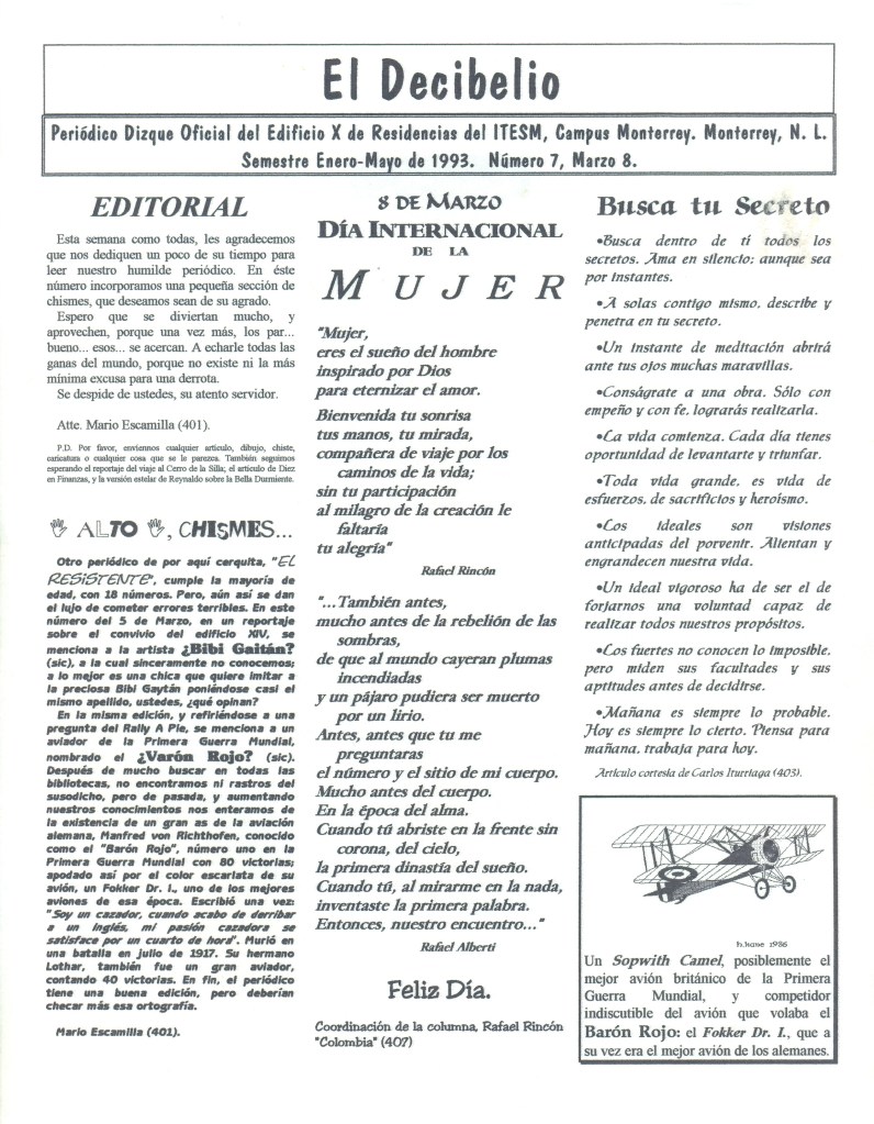 "El Decibelio #7", periódico estudiantil, 8 de marzo de 1993