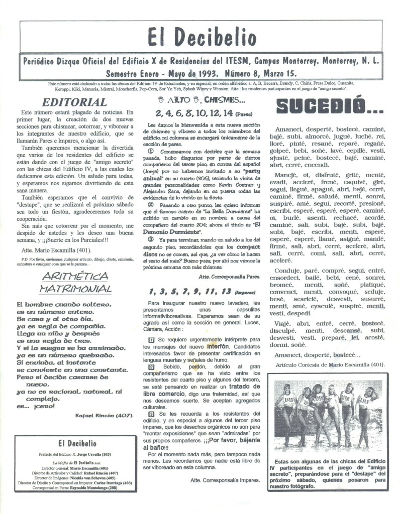 "El Decibelio #8", periódico estudiantil, 15 de marzo de 1993.