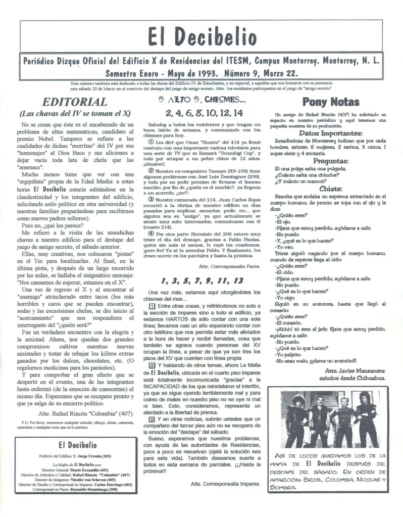 "El Decibelio #9", periódico estudiantil. 22 de marzo de 1993.