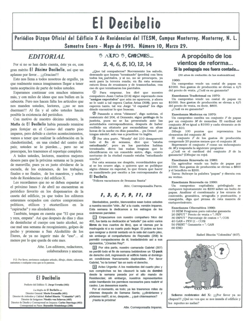 "El Decibelio #10", periódico estudiantil, 29 de marzo de 1993.