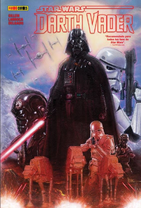 Portada del ómnibus de Darth Vader, de Kieron Gillen, mostrando a Darth Vader con su sable sobre un trasfondo de diversos soldados y naves Imperiales.