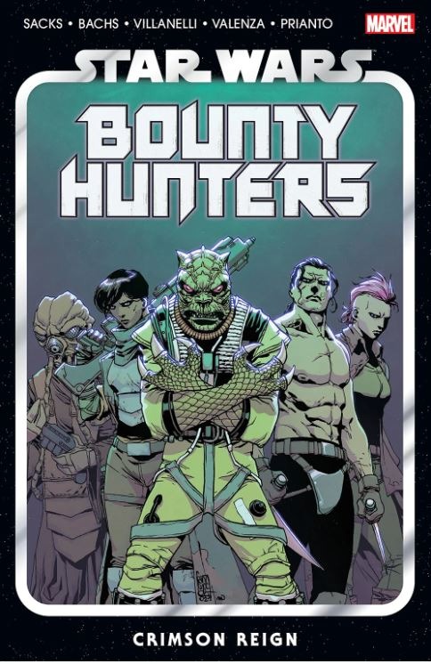 Portada del cómic Bounty Hounters, vol. 4, mostrando a varios caza recompensas, en el centro se encuentra Bossk con los brazos cruzados.