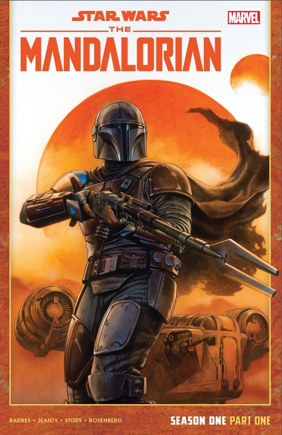 Portada del cómic "The Mandalorian: Season One Part One", mostrando a Din Djarin blandiendo su rifle disruptor, en el fondo, un sol amarillo y su nave, la Razor Crest.