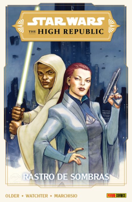 Portada de "Rastro de Sombras" mostrando al jedi Emerick Caphtor y la detective Sian Holt blandiendo sus respectivas armas, un sable de luz amarillo y un blaster.