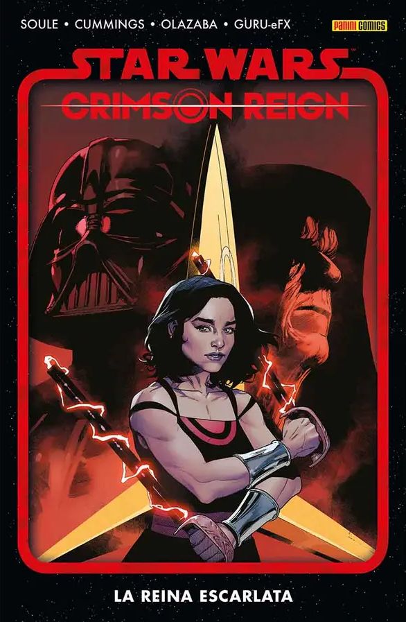 Portada de "Crimson Empire (La Reina Escarlata)" mostrando a Q'ira blandiendo dos bastones electrificados y en el fondo, Darth Vader y el Emperador Palpatine.