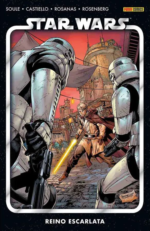 Portada de Star Wars Vol. 4: Reino Escarlata. Mostrando a Luke Skywalker blandiendo su sable amarillo mientras es confrontado por un par de stormtroopers.