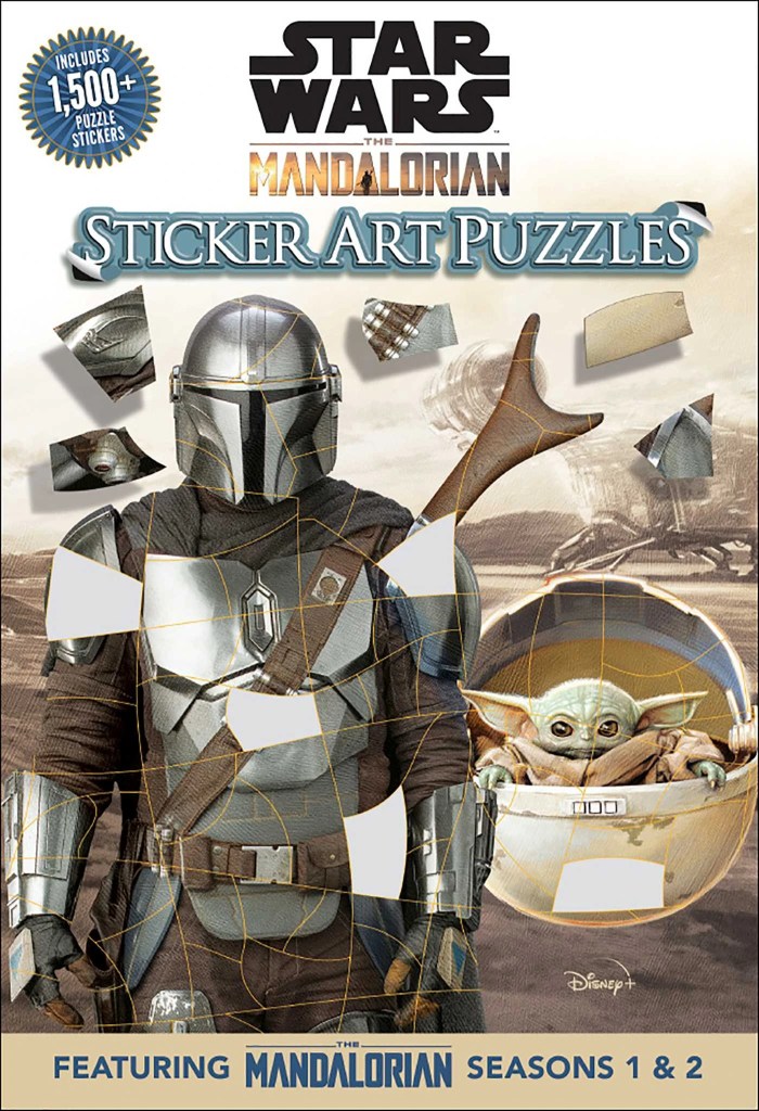Portada de "The Mandalorian: Sticker Art Puzzles" mostrando a Din Djarin y Grogu.
