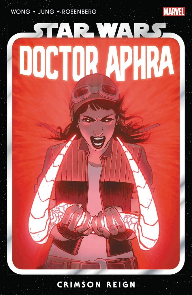 Portada de "Doctora Aphra Vol. 4 Reino Escarlata" mostrando a la Doctora Aphra blandiendo el thought dowser, el cual se ha iluminado de blanco. El fondo es rojo escarlata.