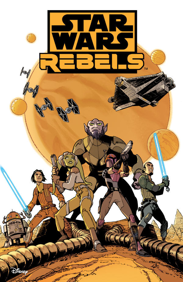Cover for the "Star Wars Rebels" TPB, showing the Ghost's crew, from left to right, Chopper, Ezra, Hera, Zeb, Sabine and Kanan. Above them, the Ghost pursues a handful of TIE Fighters.