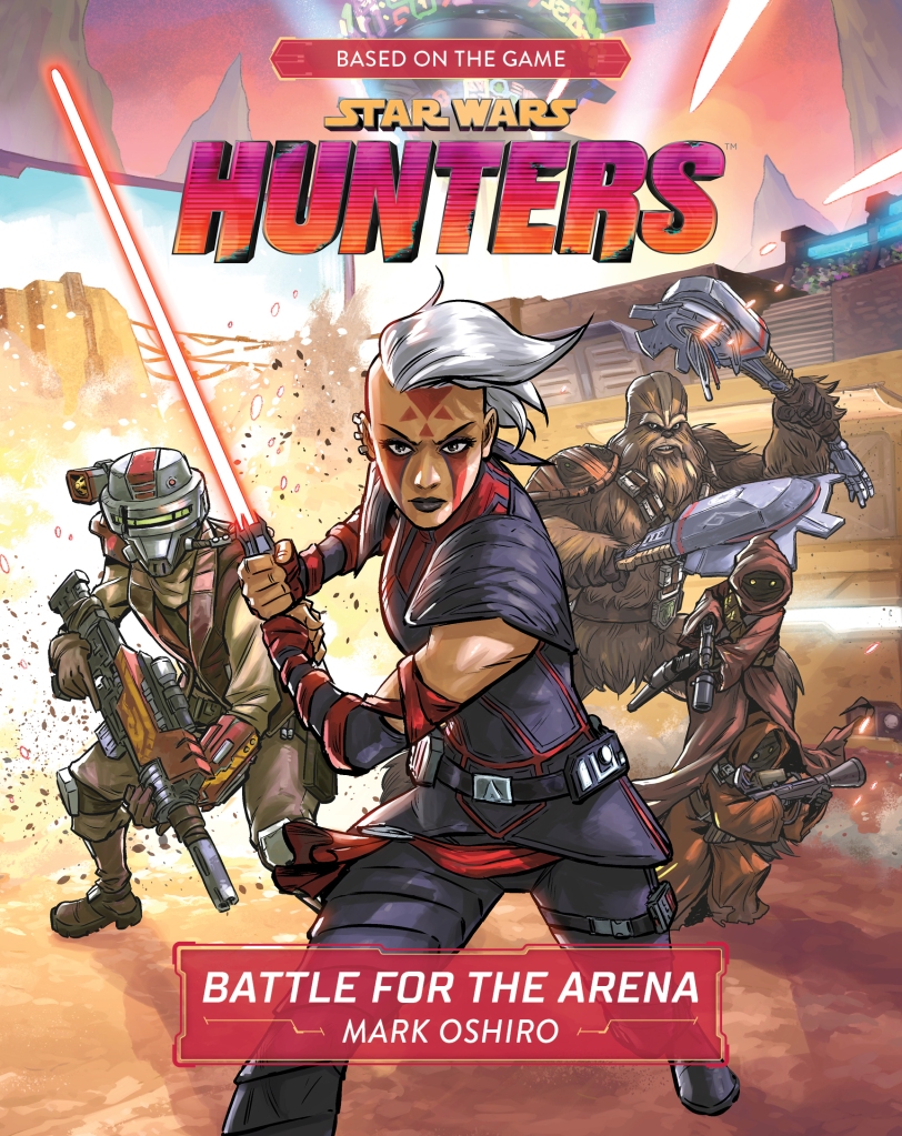 Portada de "Hunters: Battle for the Arena" mostrando al personaje titular Rieve, rodeada de otros personajes del juego como Imara Vex, Grozz and Utooni, detrás de ellos se muestra la arena de combate.