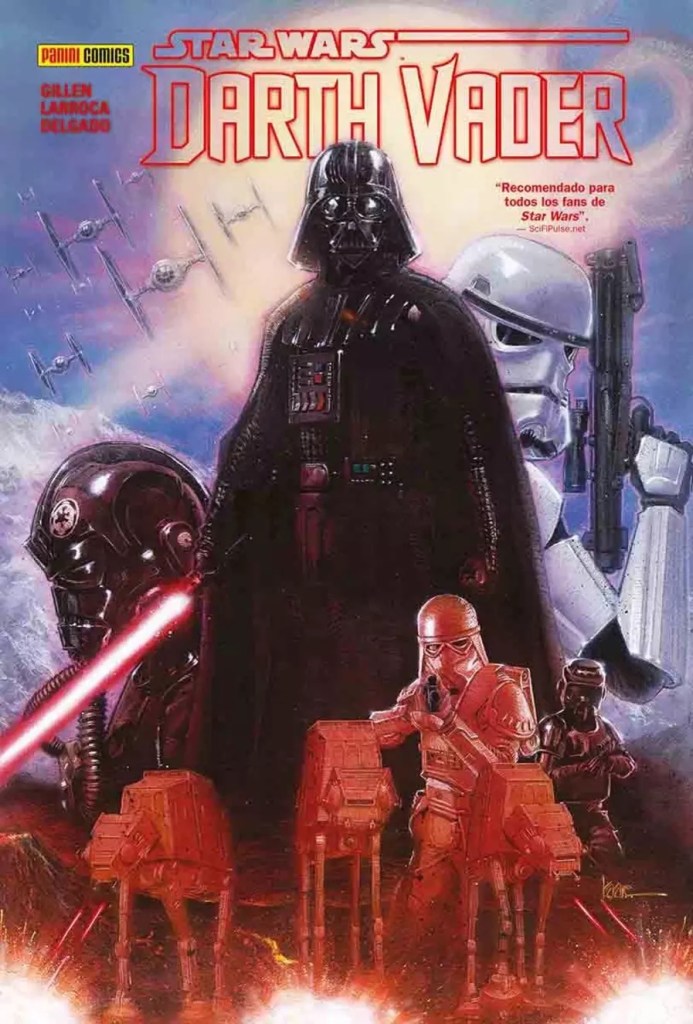 Portada del ómnibus "Darth Vader" de Kieron Gillen, mostrando al personaje titular blandiendo su sable rojo. Lo rodean diversos tipos de soldados Imperiales, pilotos, stormtroopers, snowtroopers, death troopers, así como caminantes AT-AT y TIE fighters.
