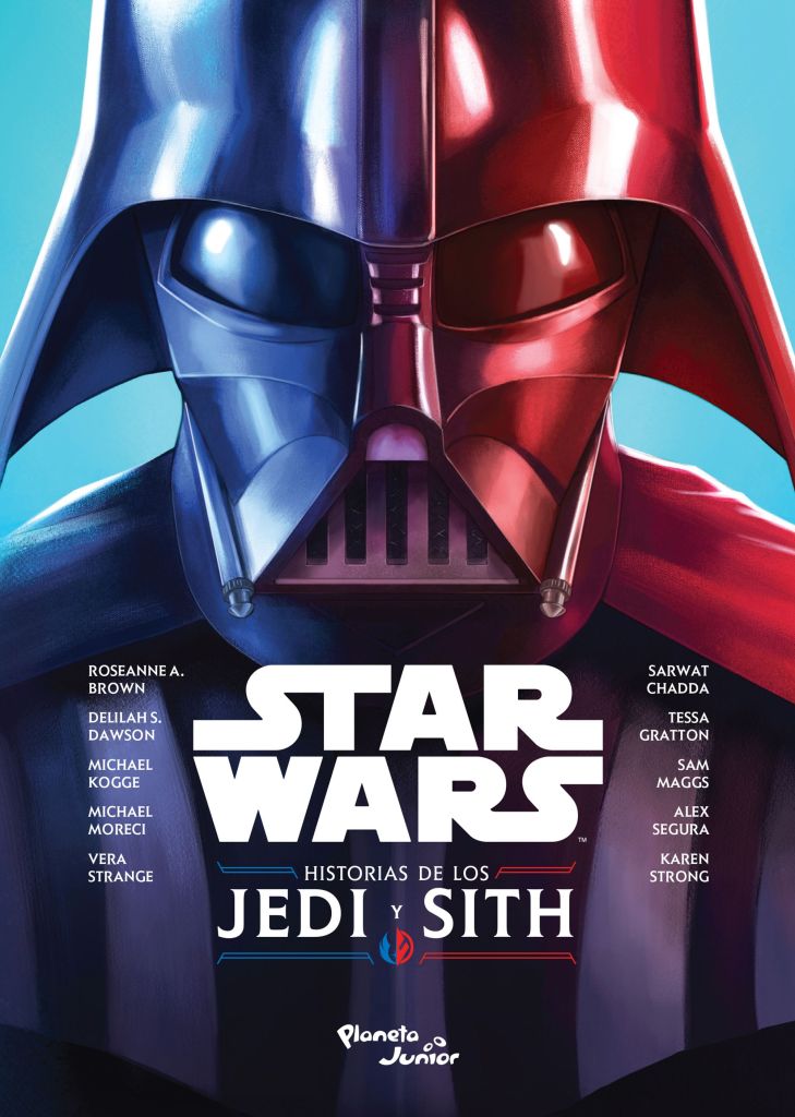 Portada de "Historias de los Jedi y Sith" mostrando el casco de Darth Vader, la mitad izquierda bañada en luz azul y la mitad derecha en luz roja.