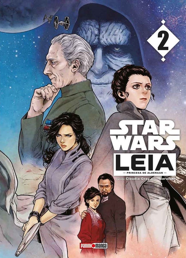 Portada de "Leia: Princesa de Alderaan Vol. 2" mostrando a Leia, espalda contra espalda con el Gobernador Tarkin, en el fondo el Emperador Palpatine.