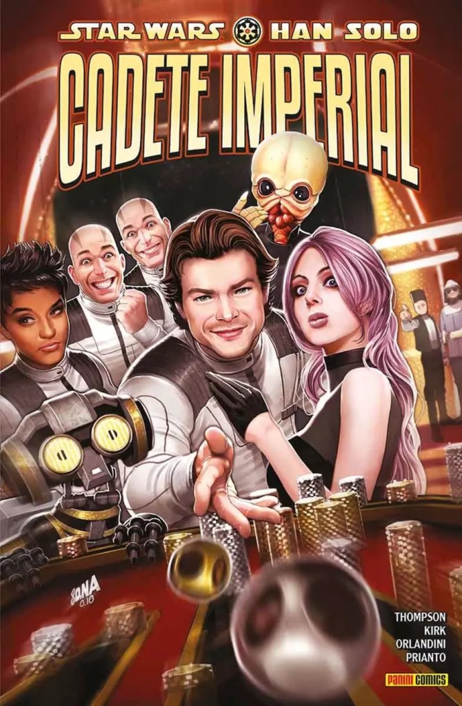 Portada de "Han Solo: Cadete Imperial" mostrando a un joven Han Solo abrazando a una chica con cabello rosa, lanzando dados sobre la mesa de un casino.