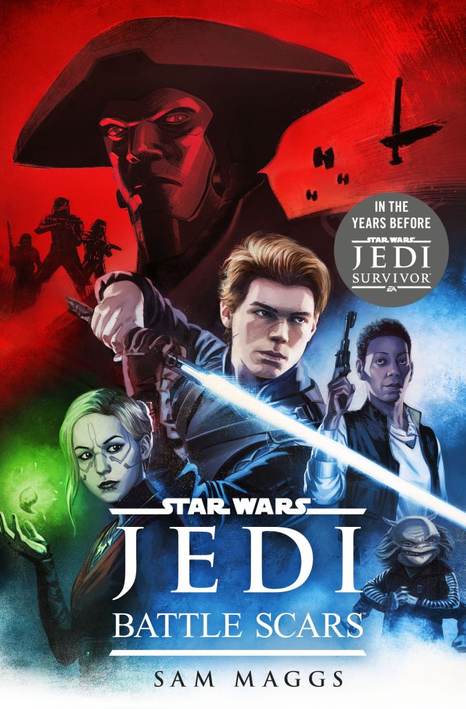 Portada de "Jedi: Battle Scars" mostrando a Cal Kestis blandiendo su sable azul, así como a Greez, Cere Junda, Merrin y el Quinto Hermano
