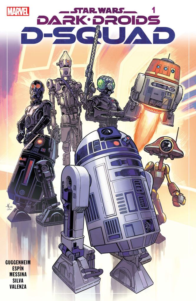 Portada de "Dark Droids: D-Squad" mostrando a los droides R2-D2, IG-88, 4-LOM, Chopper, BT-1 y Triple Zero.