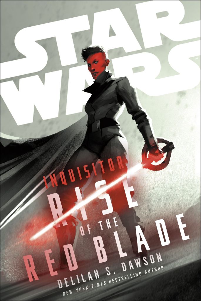 Cover for "Inquisitor: Rise of the Red Blade" by Delilah S. Dawson showing Iskat Akaris, a red skinned Pkorian wielding an Inquisitor's lightsaber with only one red blade turned on.