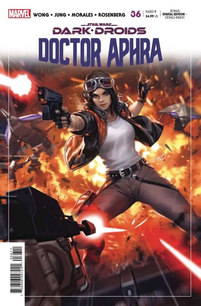 Portada de Doctora Aphra Vol. 7: Dark Droids, mostrando a la titular disparando un blaster, en medio de una explosión.