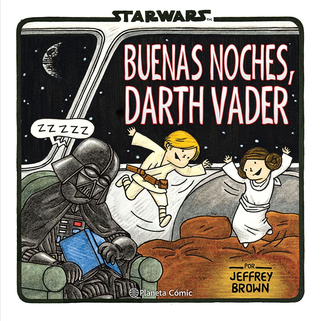 Portada de Star Wars: Buenas Noches, Darth Vader, de Jeffrey Brown. Mostrando a Luke y Leia saltando en la cama mientras Darth Vader duerme en un sillón.