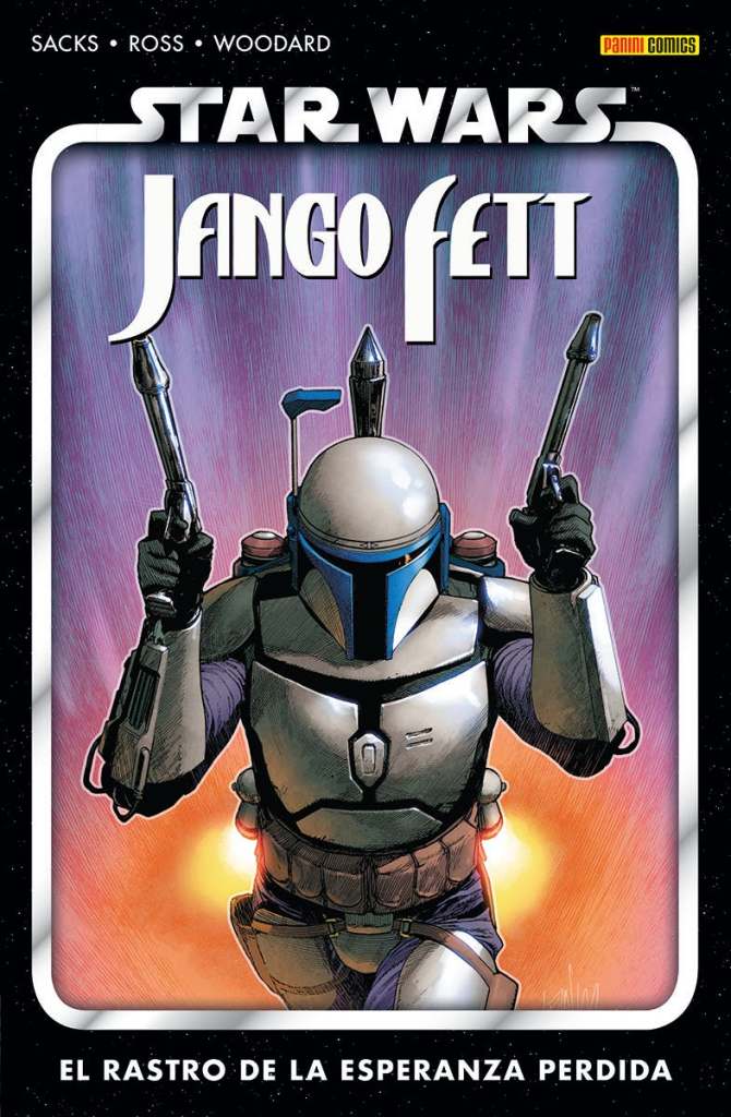 Portada de "Star Wars: Jango Fett - El Rastro de la Esperanza Perdida" mostrando al personaje titular a punto de volar con su jetpack, está blandiendo un blaster en cada mano.