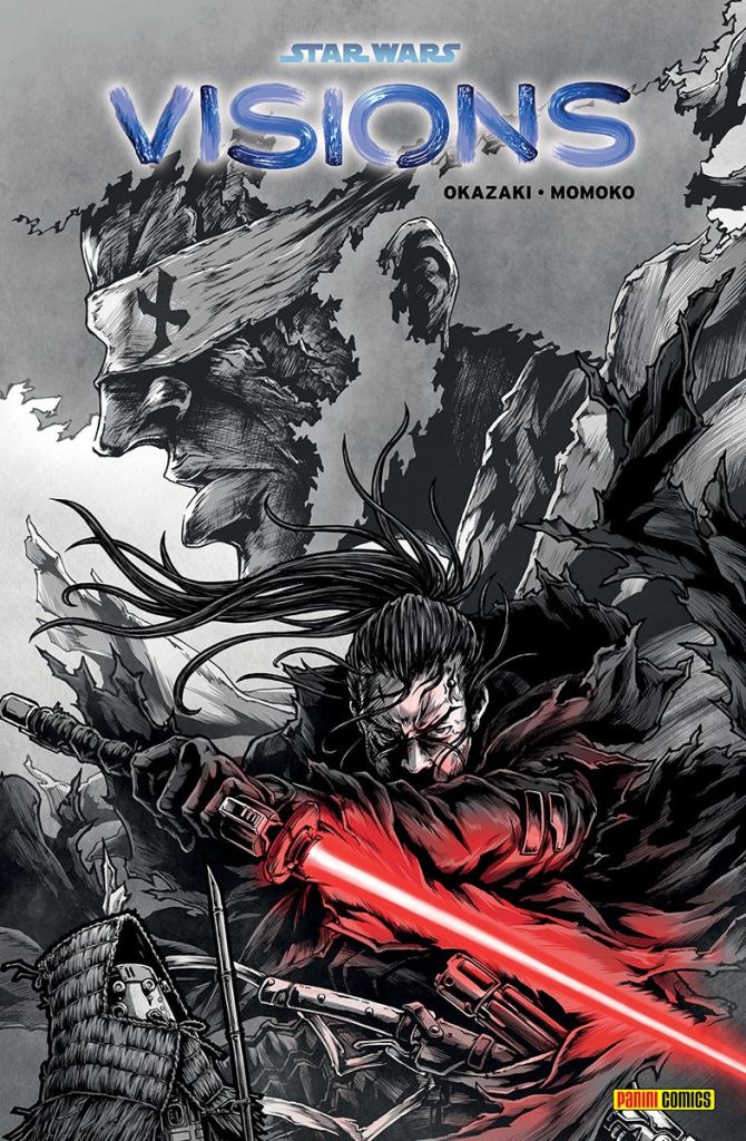 Portada de Star Wars Visions, mostrando al Ronin blandiendo un sable laser rojo, en el fondo, la cara de una persona con una venda sobre los ojos.