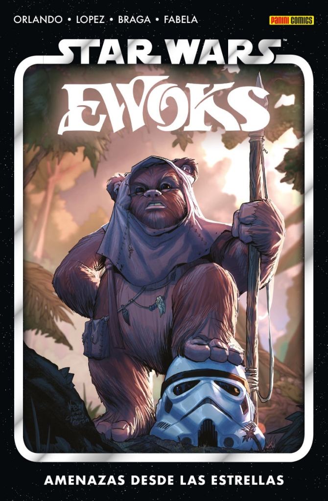 Portada de "Ewoks: Amenazas desde las Estrellas" mostrando a un Ewok con una lanza desafiante con su pie sobre el casco de un stormtrooper.