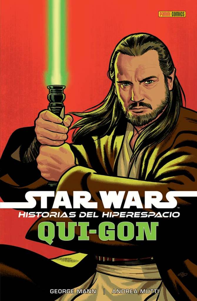 Portada de "Historias del Hiperespacio: Qui-Gon" mostrando al personaje titular blandiendo su sable verde sobre un fondo rojo/maranja
