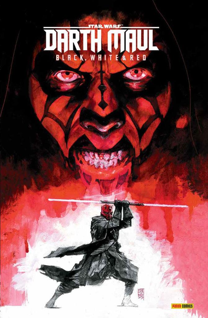 Portada de "Darth Maul. Black, White & Red", mostrando en el fondo la cara del personaje titular, mientras que en la parte baja se le vuelve a ver blandiendo su sable doble.