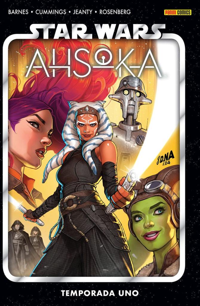Portada de "Ahsoka. Temporada Uno", mostrando al personaje titular blandiendo sus dos sables blancos, en el fondo vemos a otros personajes como Huyang, Sabine Wren, Hera Syndulla, Baylan Skoll y Shin Hati.