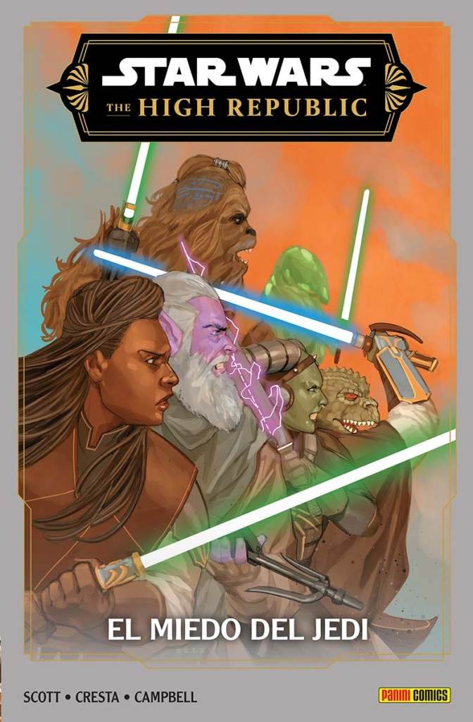 Portada de "High Republic: El Miedo del Jedi" mostrando a varios Jedi en posición de ataque con sus sables de luz desenvainados.